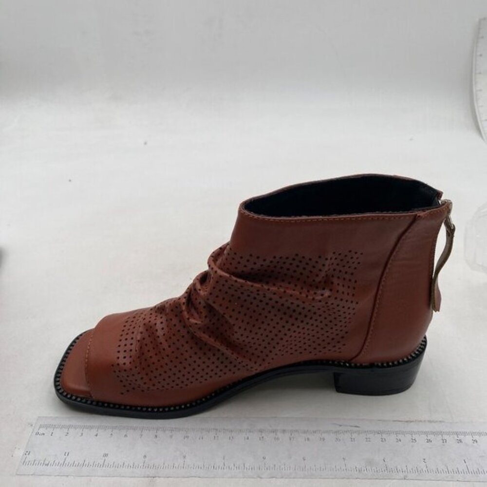 Brown Peep Toe Slouchy Low Block Heel Sandal Ruched Cutout Zipper Ankle Booties